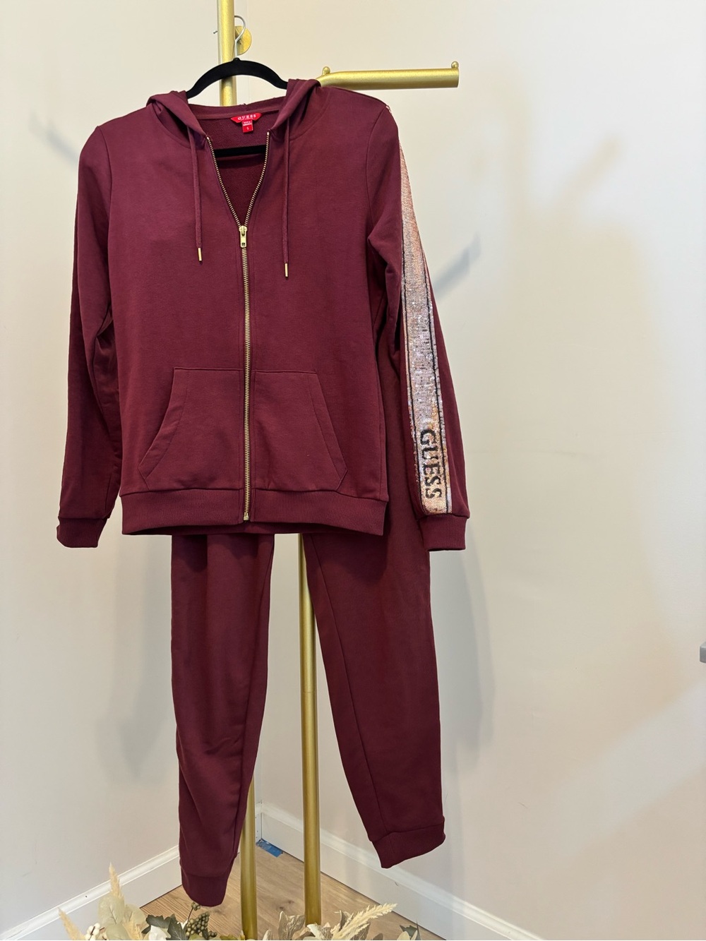 Guess women Burgundy Hoodie & Jogger Set with Sequin Sleeve Stripe